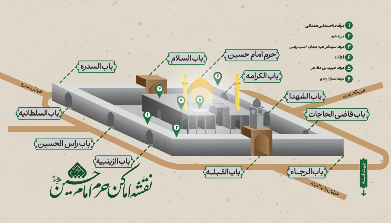 محل قبر حبیب بن مظاهر روی نقشه حرم امام حسین (ع) با یک دایره نورانی برجسته و متمایز شده