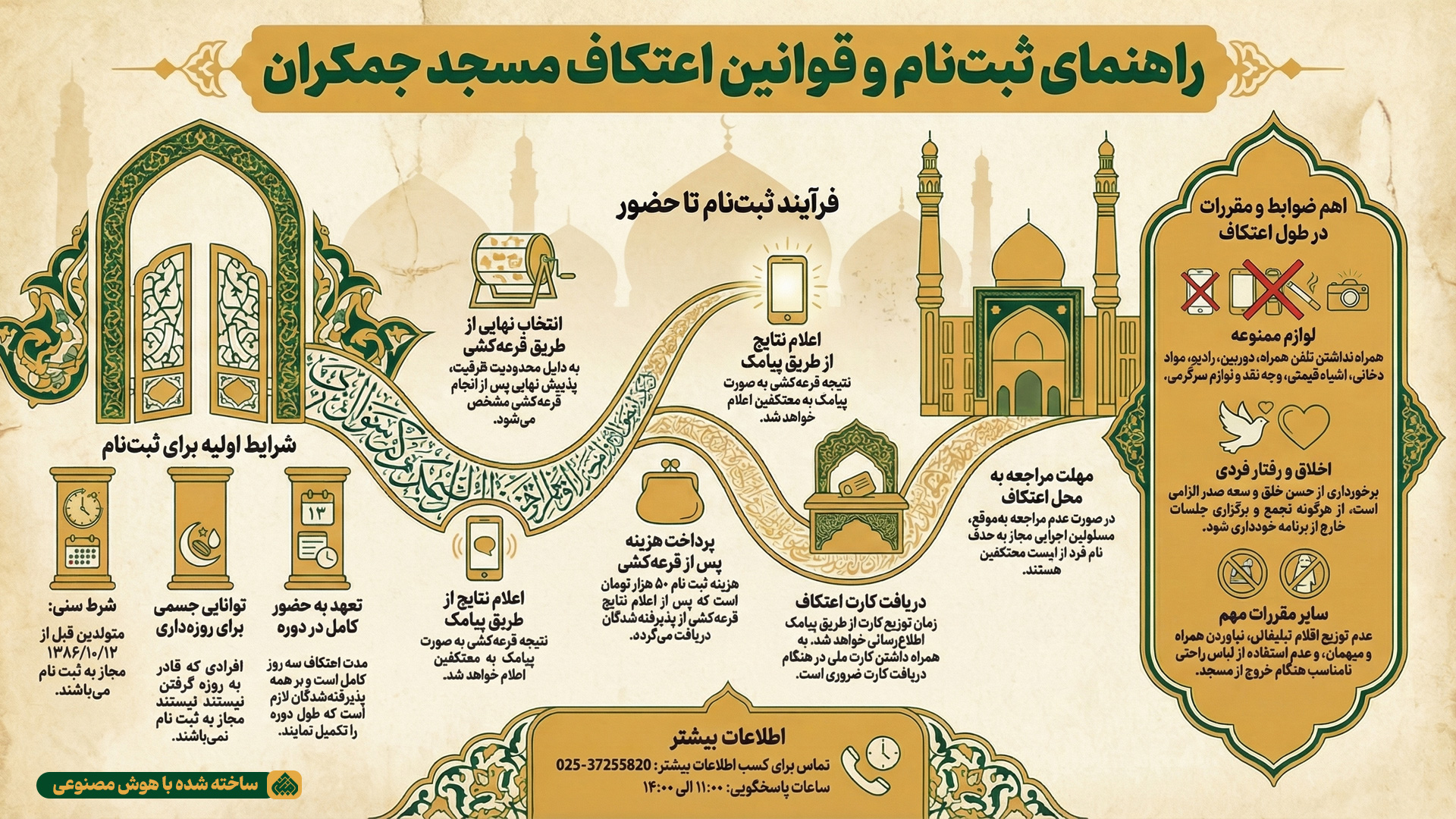 در این تصویر به توضیح جزئیات ثبت نام اعتکاف دانش آموزی سال 1404 رجبیه مسجد جمکران پرداخته شده است. در این تصویر به شرایط و زمان برگزاری و قوانین این اعتکاف پرداخته ایم. تص.یر هم توسط هوش مصنوعی تولید شده است.