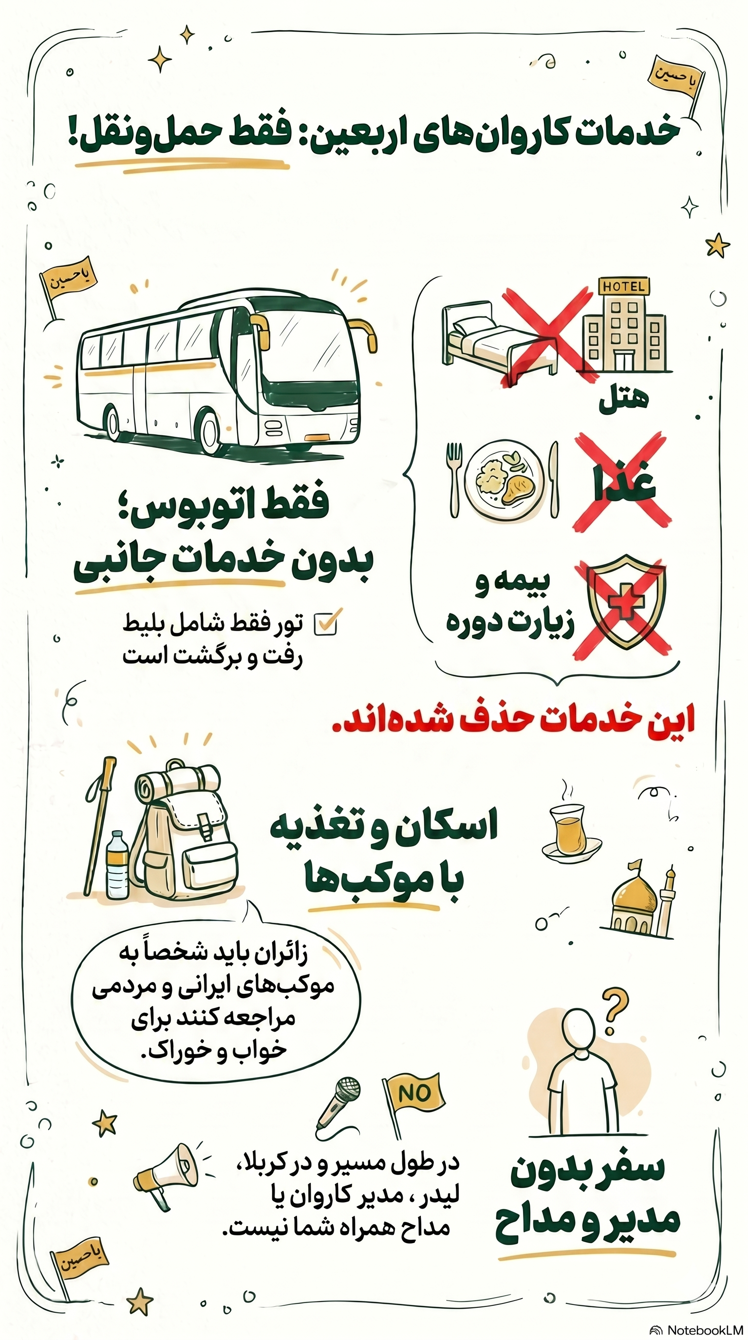 لیستی تصویری از خدماتی که در تور کربلا اربعین ارائه می‌شود