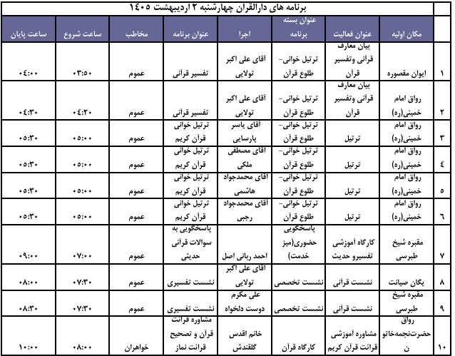 نمونه برنامه دارالقرآن در مشهد